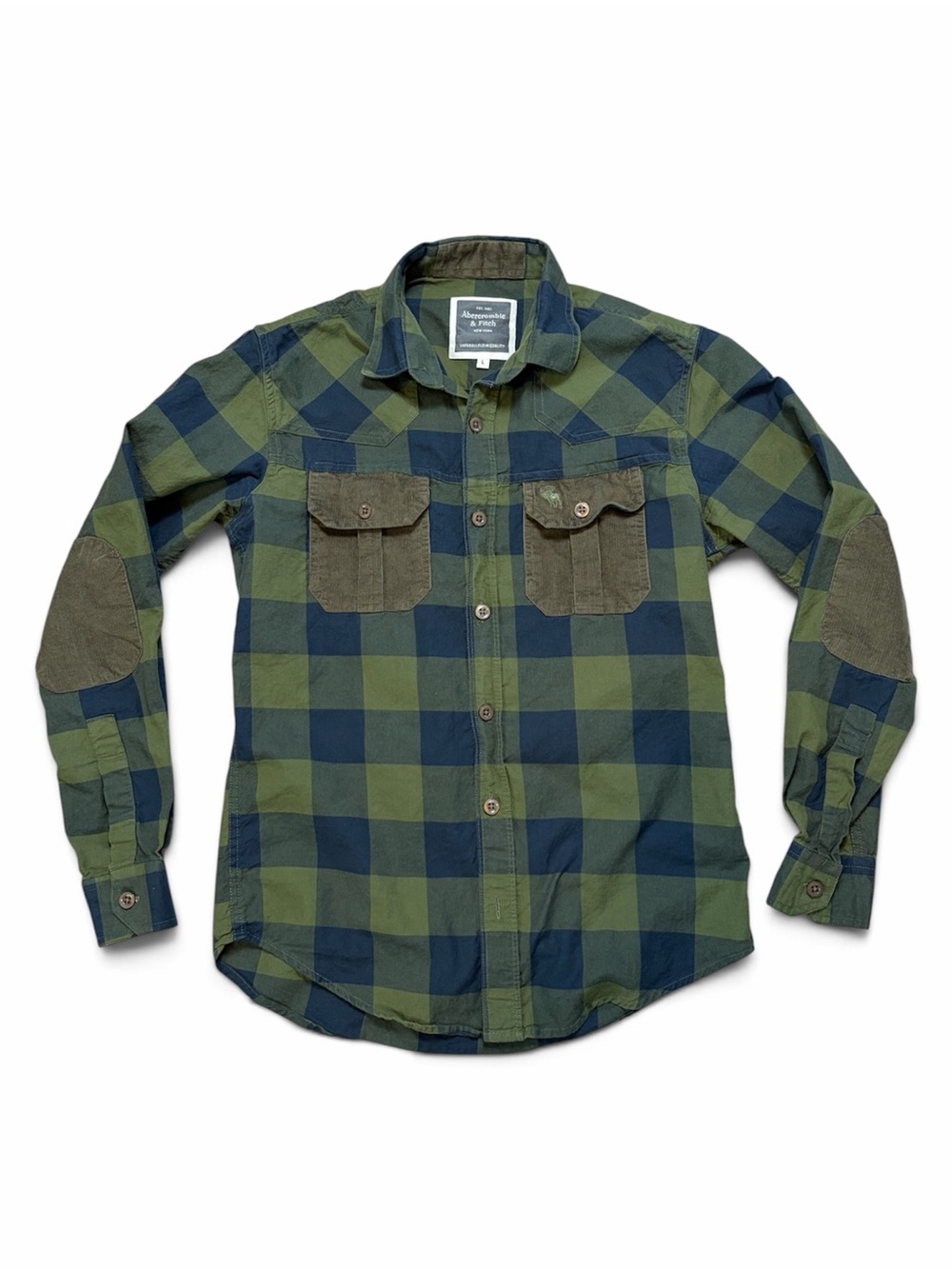 Abercrombie & Fitch Men's Large Green Navy Buffalo Plaid Utility Shirt